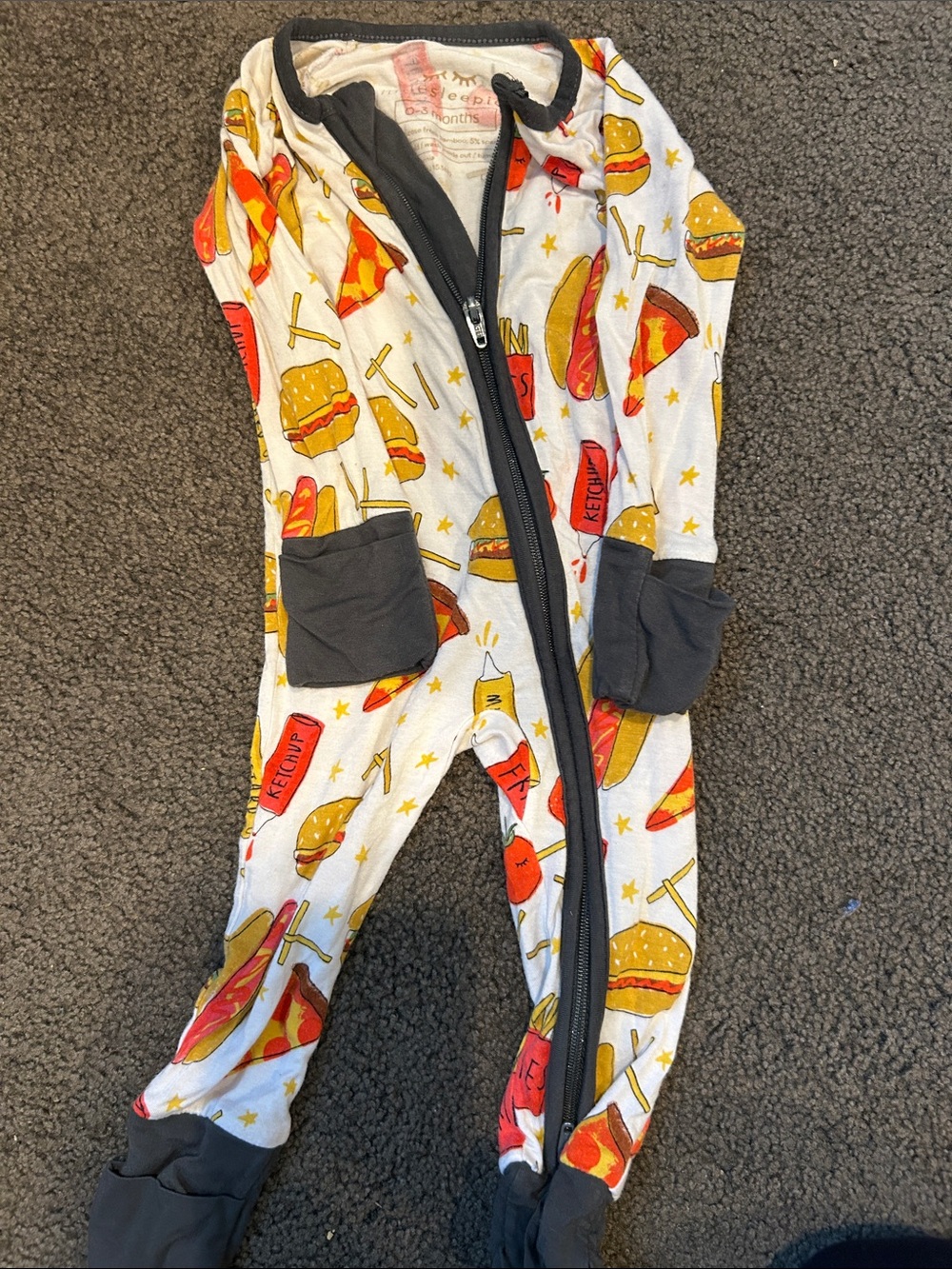 LITTLE SLEEPIES food Kids White Burger-Print One-Piece Pajamas with Gray Trim